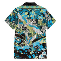 Japanese Hawaiian Crane Family Matching Short Sleeve Bodycon Dress and Hawaiian Shirt Blue Tapa Patchwork Pattern
