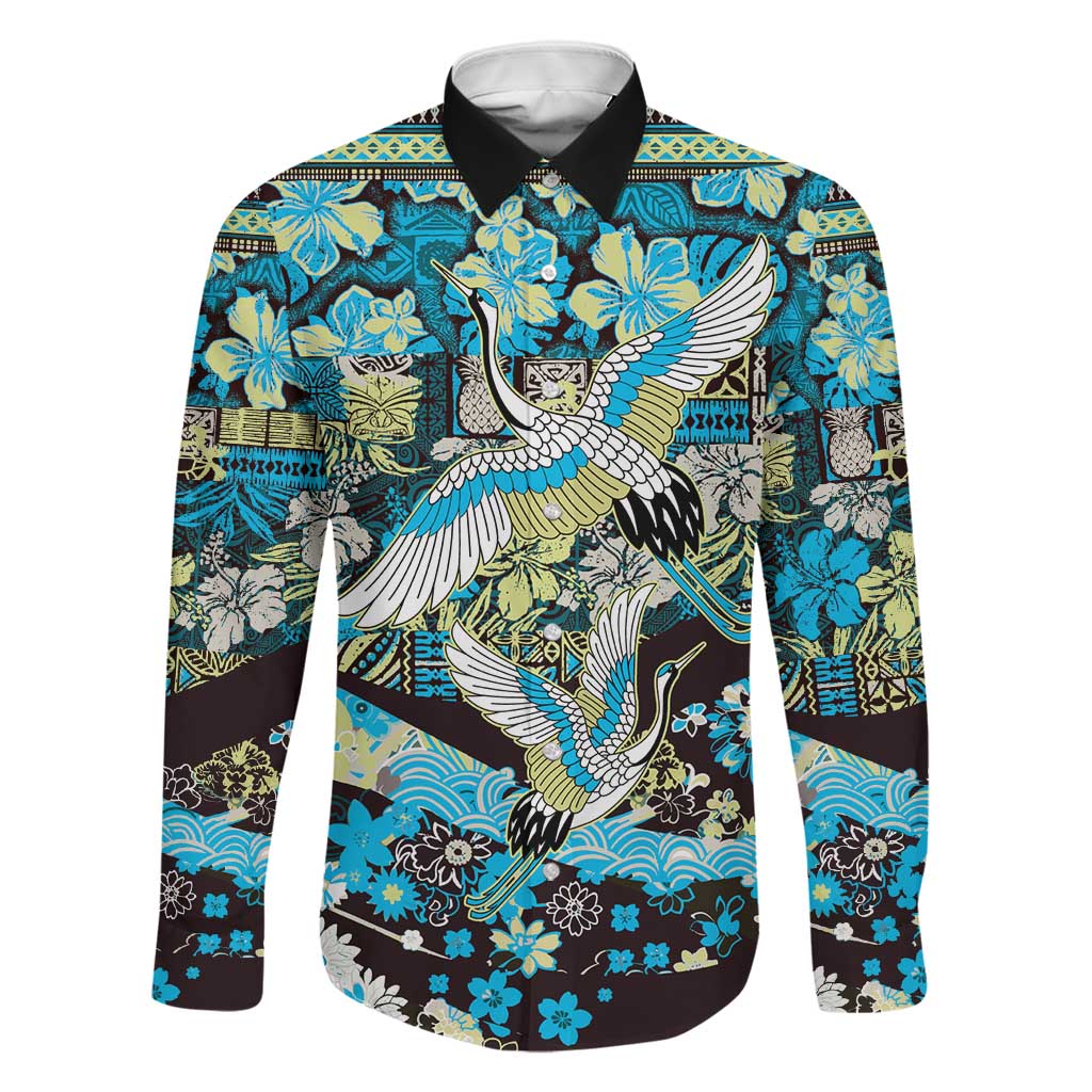 Japanese Hawaiian Crane Family Matching Short Sleeve Bodycon Dress and Hawaiian Shirt Blue Tapa Patchwork Pattern