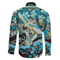 Japanese Hawaiian Crane Family Matching Short Sleeve Bodycon Dress and Hawaiian Shirt Blue Tapa Patchwork Pattern