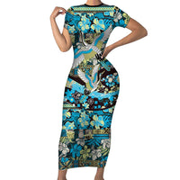 Japanese Hawaiian Crane Family Matching Short Sleeve Bodycon Dress and Hawaiian Shirt Blue Tapa Patchwork Pattern