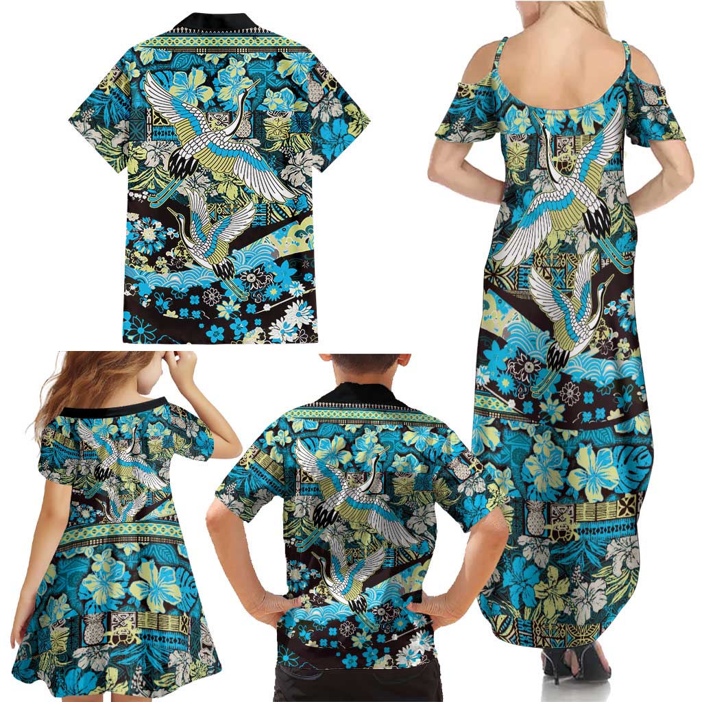 Japanese Hawaiian Crane Family Matching Summer Maxi Dress and Hawaiian Shirt Blue Tapa Patchwork Pattern