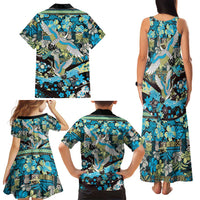 Japanese Hawaiian Crane Family Matching Tank Maxi Dress and Hawaiian Shirt Blue Tapa Patchwork Pattern