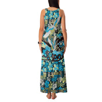 Japanese Hawaiian Crane Family Matching Tank Maxi Dress and Hawaiian Shirt Blue Tapa Patchwork Pattern