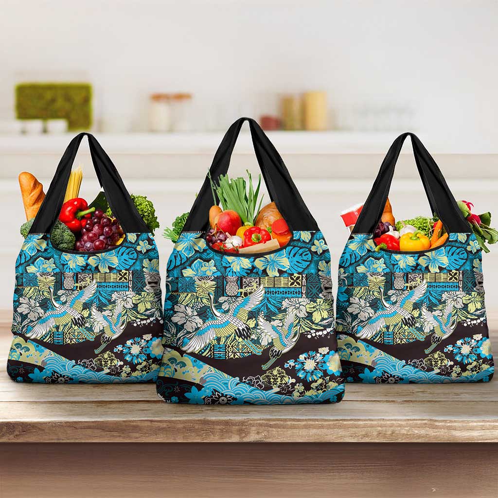 Japanese Hawaiian Crane Grocery Bag Blue Tapa Patchwork Pattern