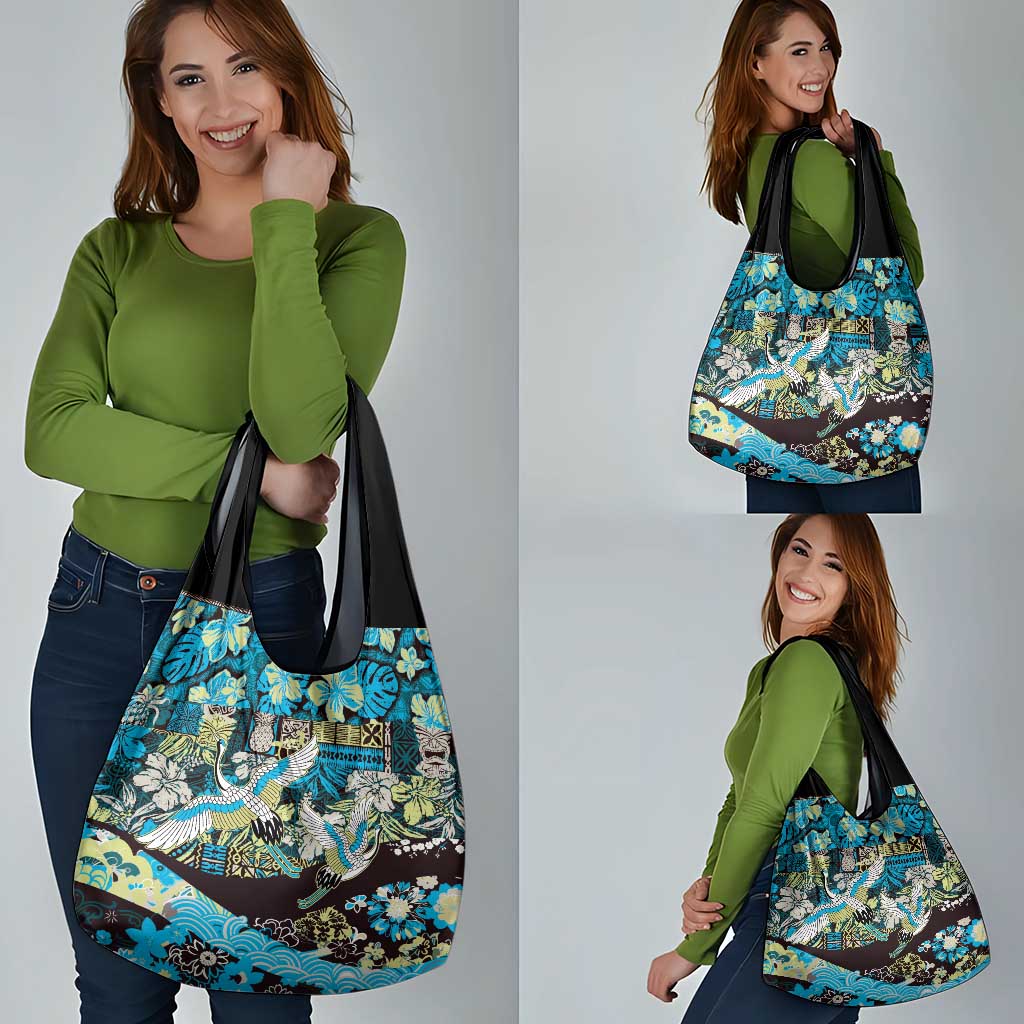 Japanese Hawaiian Crane Grocery Bag Blue Tapa Patchwork Pattern