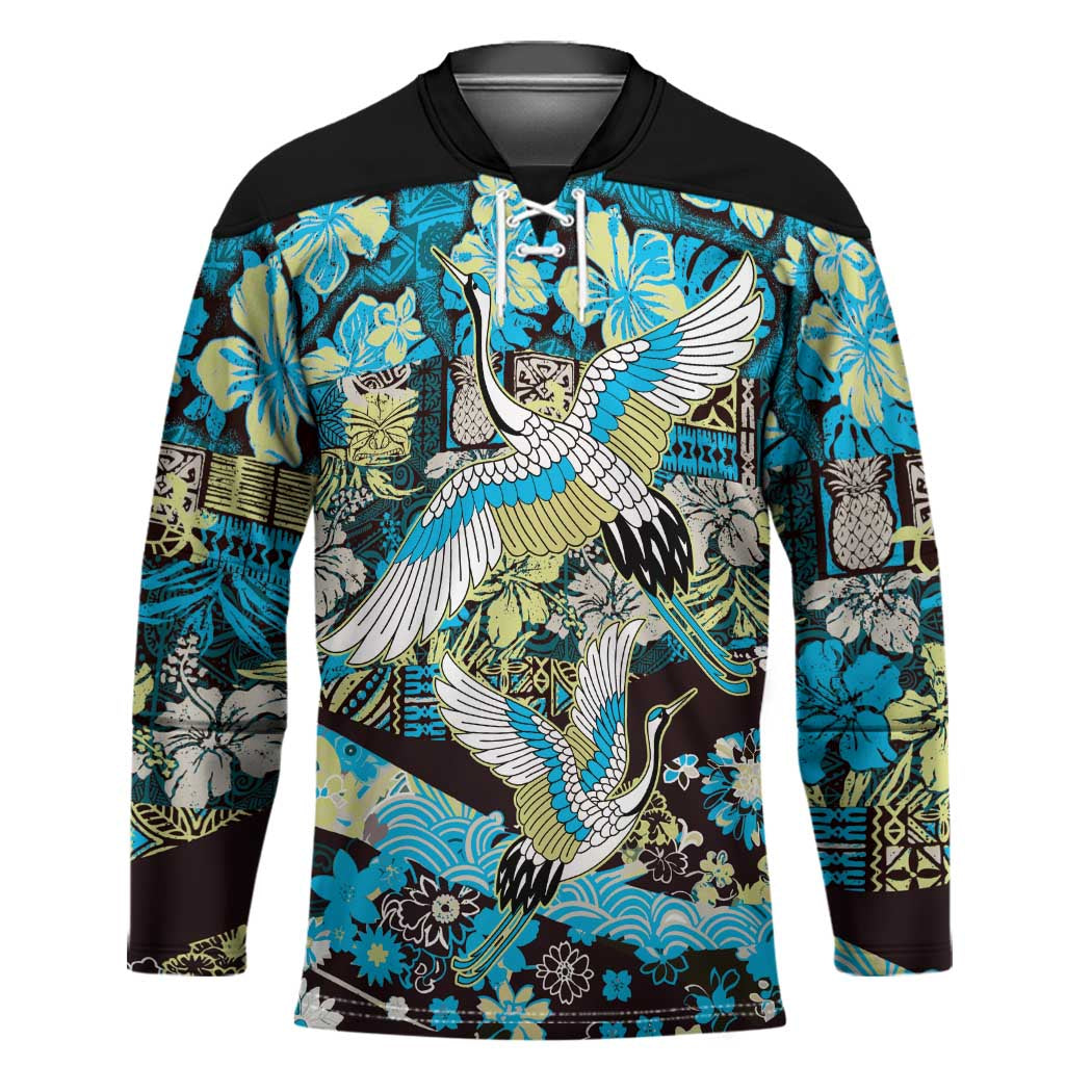 Japanese Hawaiian Crane Hockey Jersey Blue Tapa Patchwork Pattern