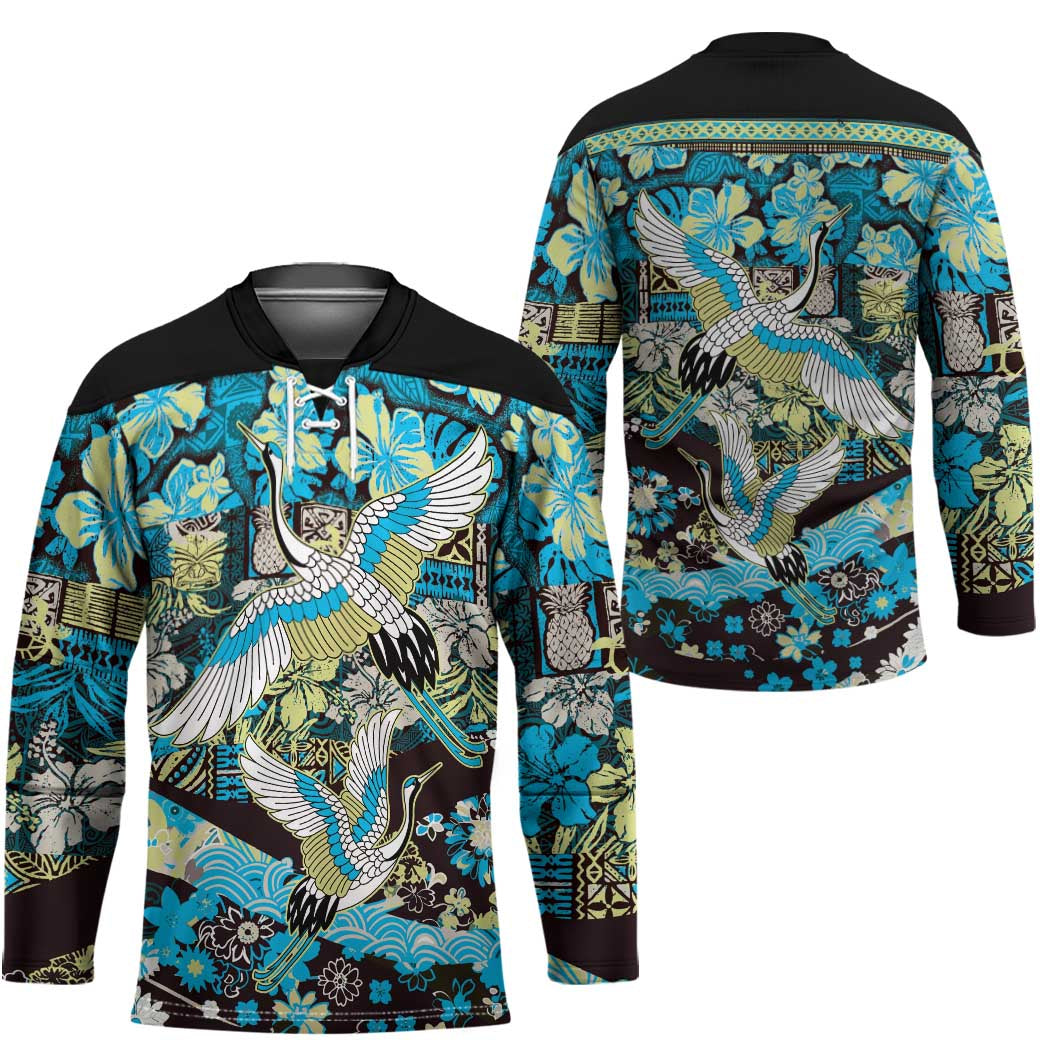 Japanese Hawaiian Crane Hockey Jersey Blue Tapa Patchwork Pattern