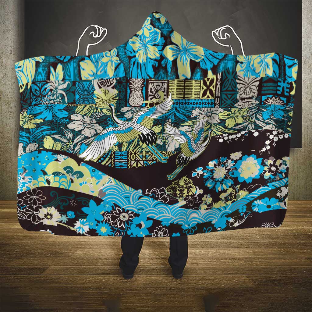 Japanese Hawaiian Crane Hooded Blanket Blue Tapa Patchwork Pattern