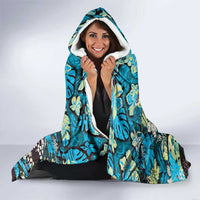 Japanese Hawaiian Crane Hooded Blanket Blue Tapa Patchwork Pattern