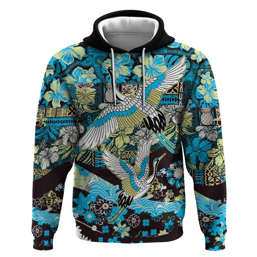 Japanese Hawaiian Crane Hoodie Blue Tapa Patchwork Pattern
