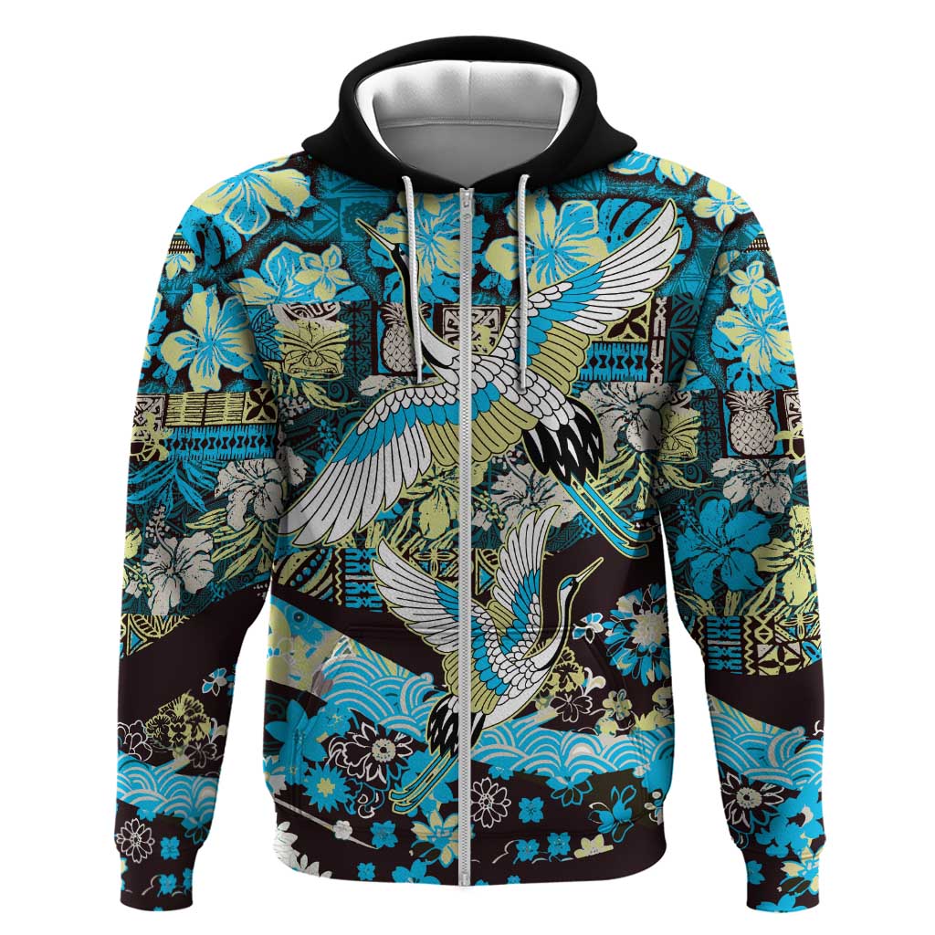 Japanese Hawaiian Crane Hoodie Blue Tapa Patchwork Pattern