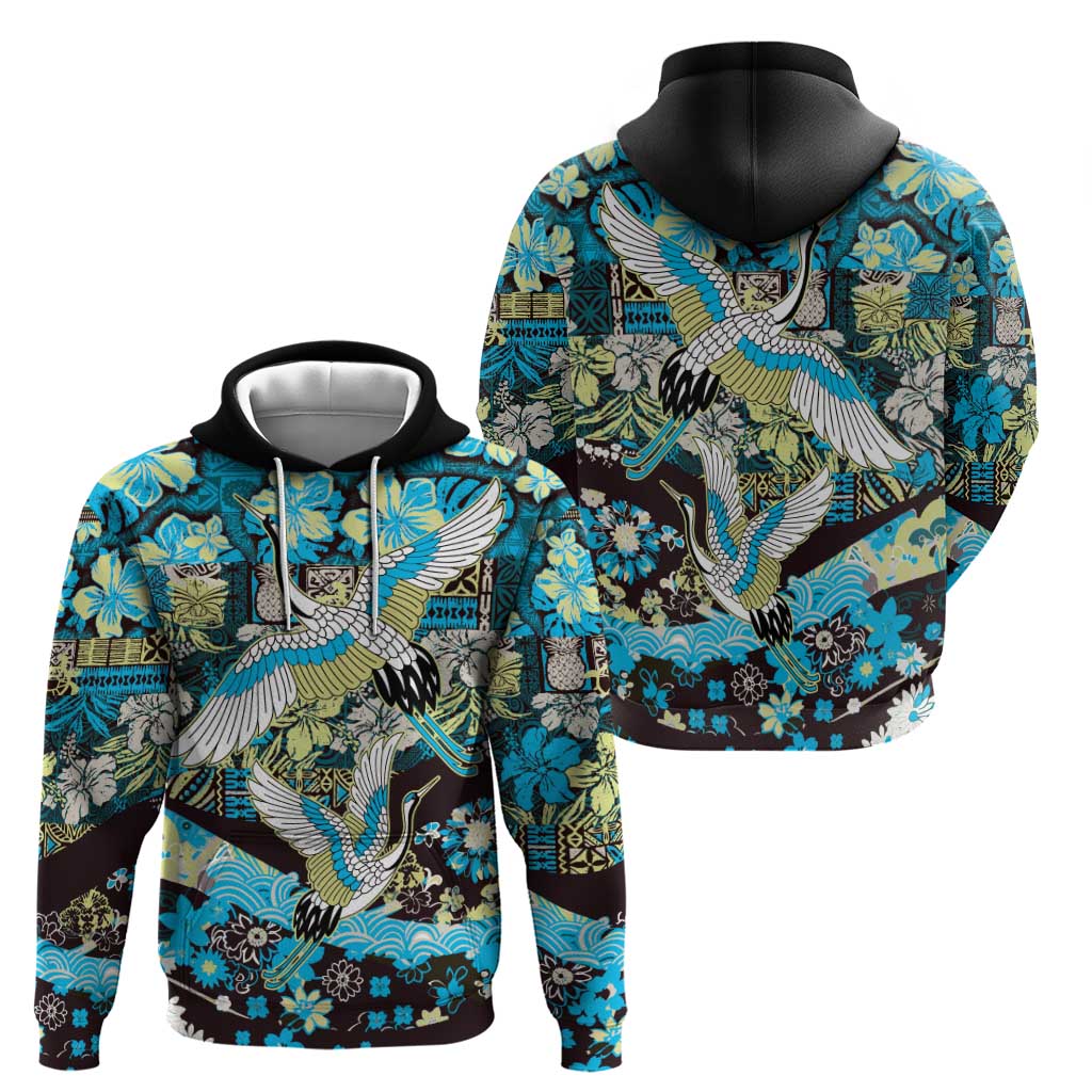 Japanese Hawaiian Crane Hoodie Blue Tapa Patchwork Pattern