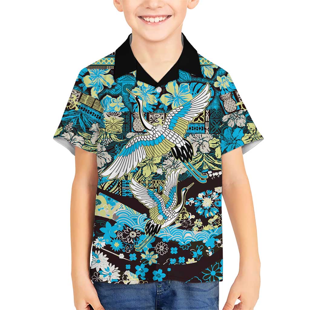 Japanese Hawaiian Crane Kid Hawaiian Shirt Blue Tapa Patchwork Pattern
