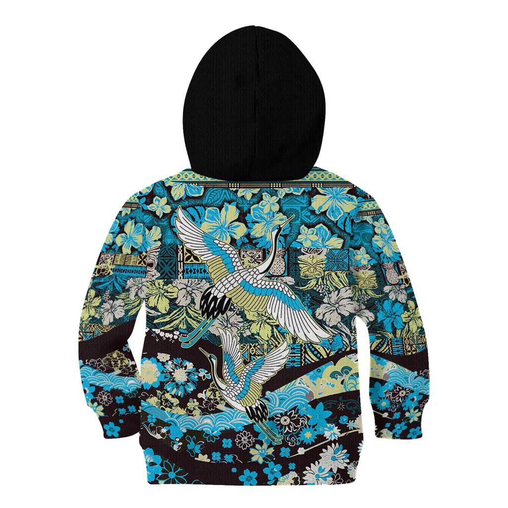 Japanese Hawaiian Crane Kid Hoodie Blue Tapa Patchwork Pattern