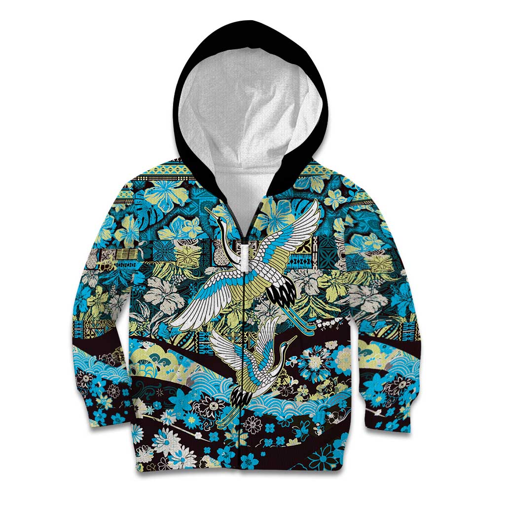 Japanese Hawaiian Crane Kid Hoodie Blue Tapa Patchwork Pattern