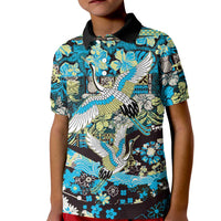 Japanese Hawaiian Crane Kid Polo Shirt Blue Tapa Patchwork Pattern