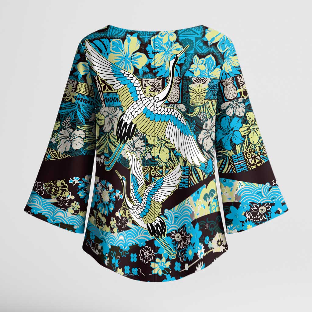 Japanese Hawaiian Crane Kimono Sleeve Blouse Blue Tapa Patchwork Pattern