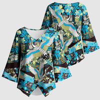 Japanese Hawaiian Crane Kimono Sleeve Blouse Blue Tapa Patchwork Pattern