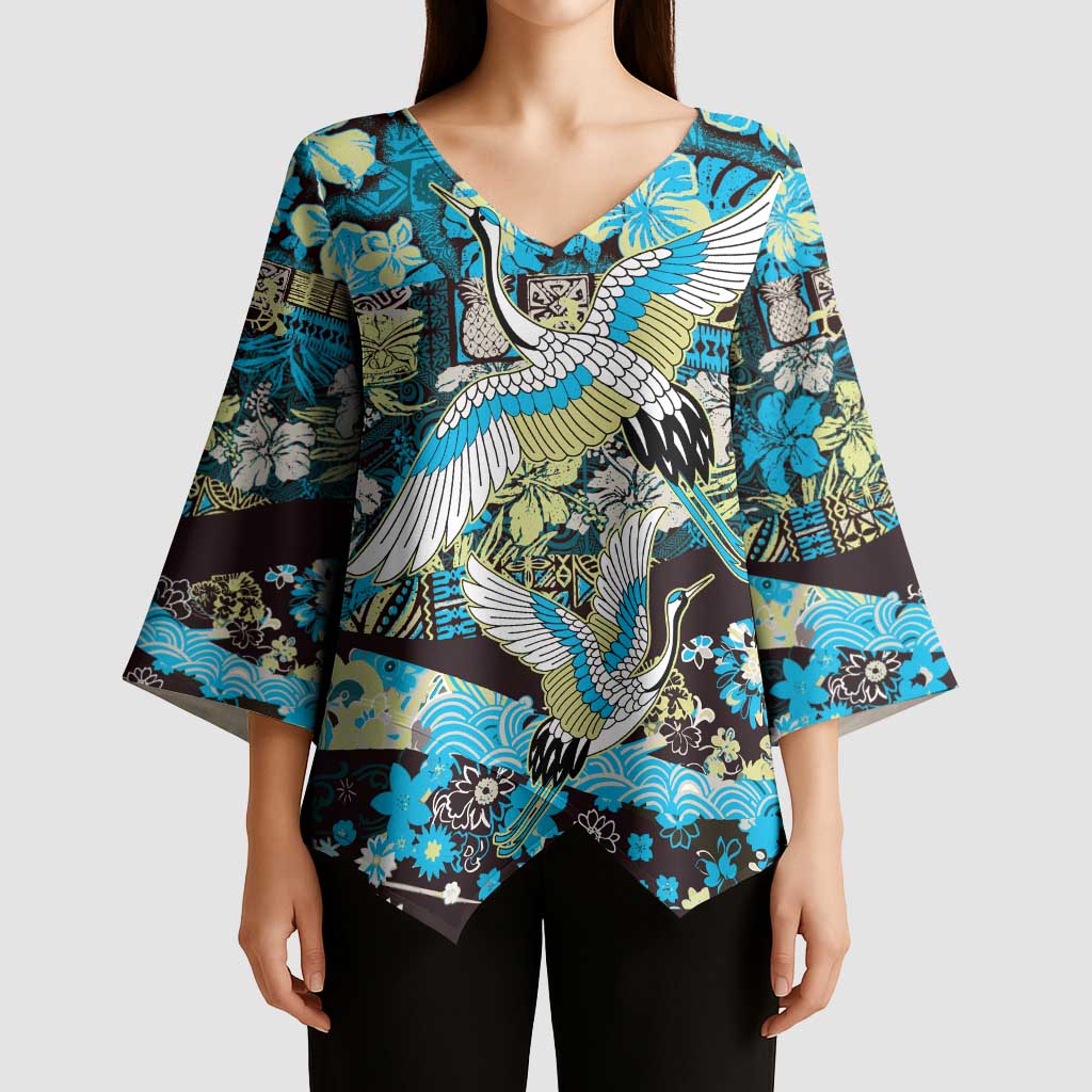 Japanese Hawaiian Crane Kimono Sleeve Blouse Blue Tapa Patchwork Pattern