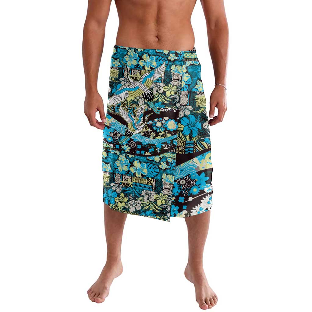 Japanese Hawaiian Crane Lavalava Blue Tapa Patchwork Pattern