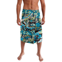 Japanese Hawaiian Crane Lavalava Blue Tapa Patchwork Pattern