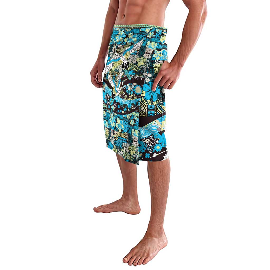 Japanese Hawaiian Crane Lavalava Blue Tapa Patchwork Pattern