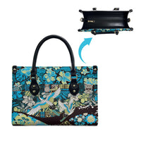 Japanese Hawaiian Crane Leather Bag Blue Tapa Patchwork Pattern