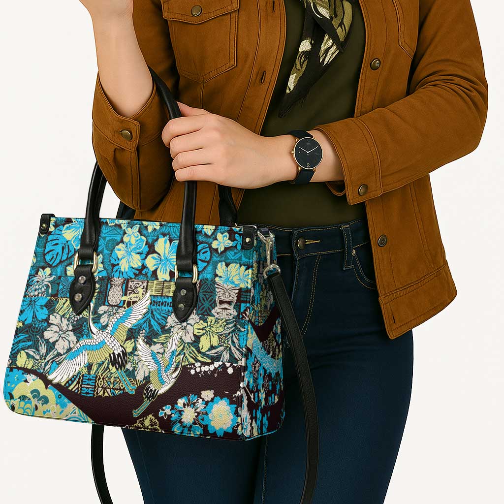 Japanese Hawaiian Crane Leather Bag Blue Tapa Patchwork Pattern
