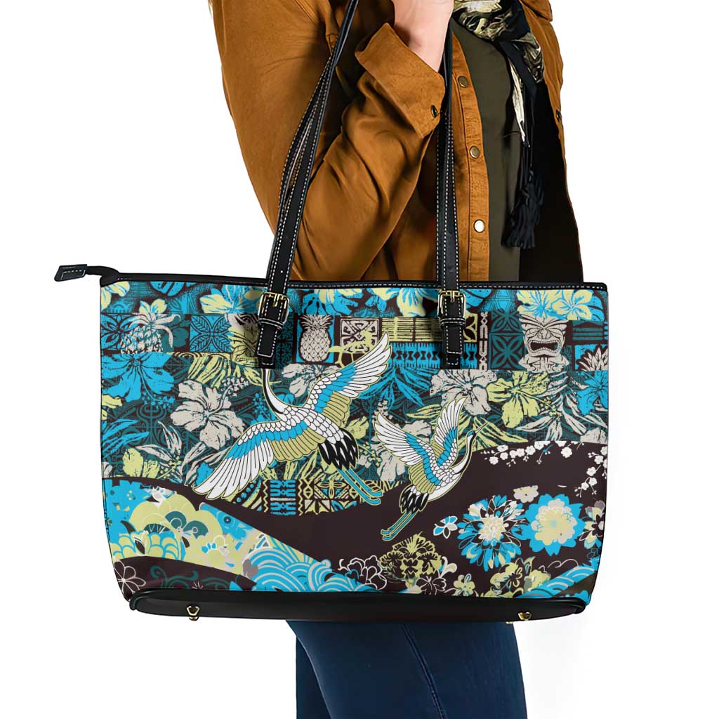 Japanese Hawaiian Crane Leather Tote Bag Blue Tapa Patchwork Pattern