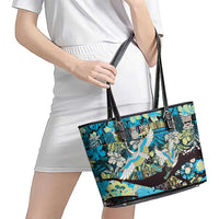 Japanese Hawaiian Crane Leather Tote Bag Blue Tapa Patchwork Pattern