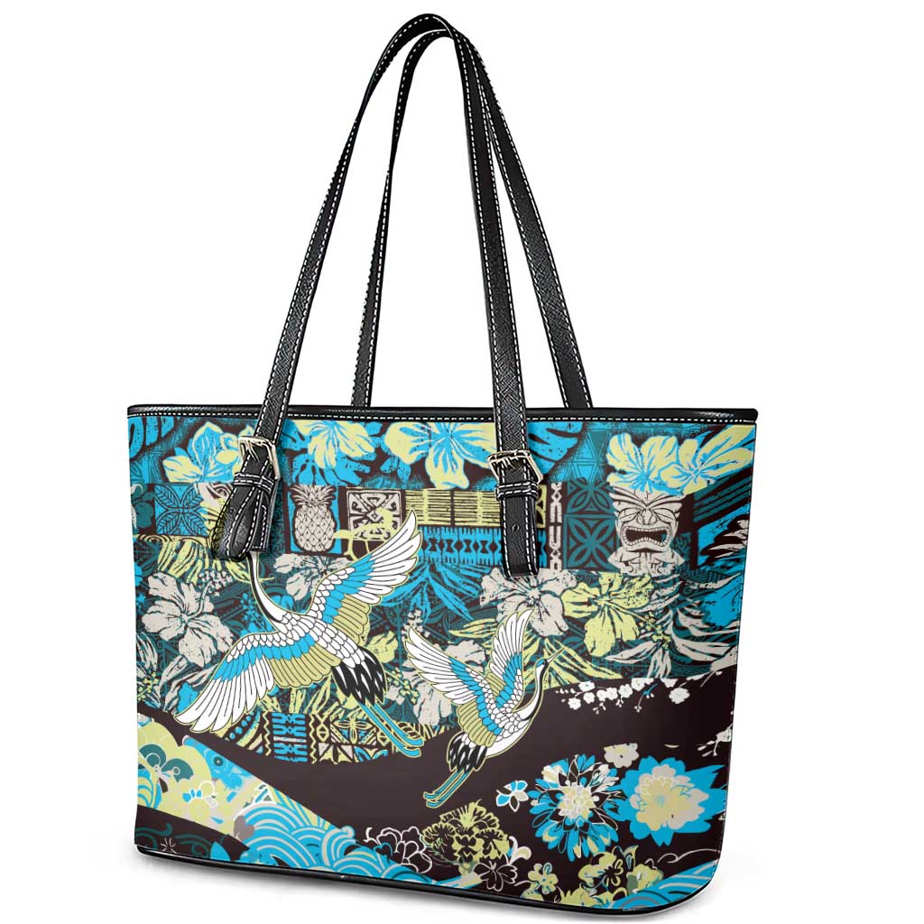 Japanese Hawaiian Crane Leather Tote Bag Blue Tapa Patchwork Pattern