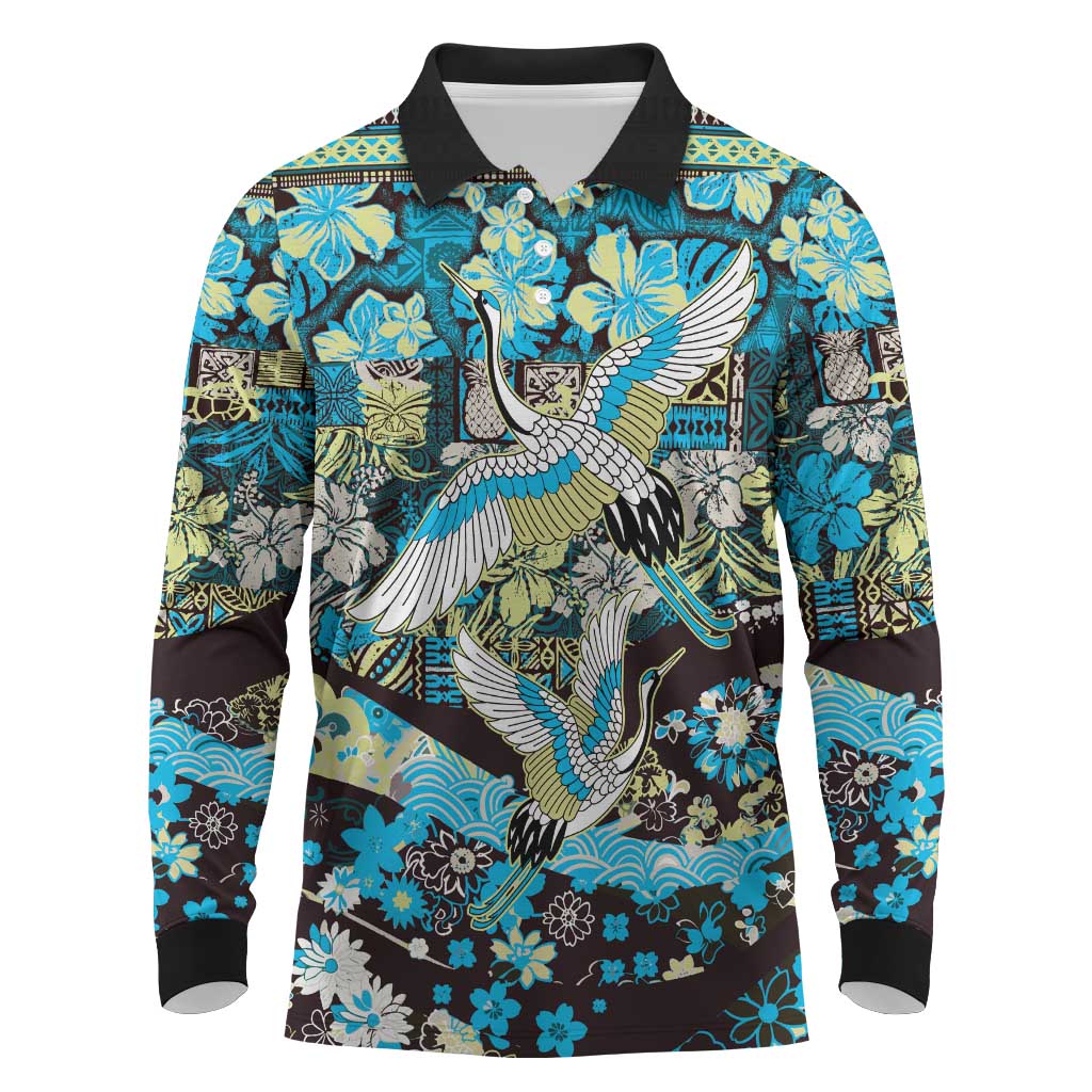 Japanese Hawaiian Crane Long Sleeve Polo Shirt Blue Tapa Patchwork Pattern