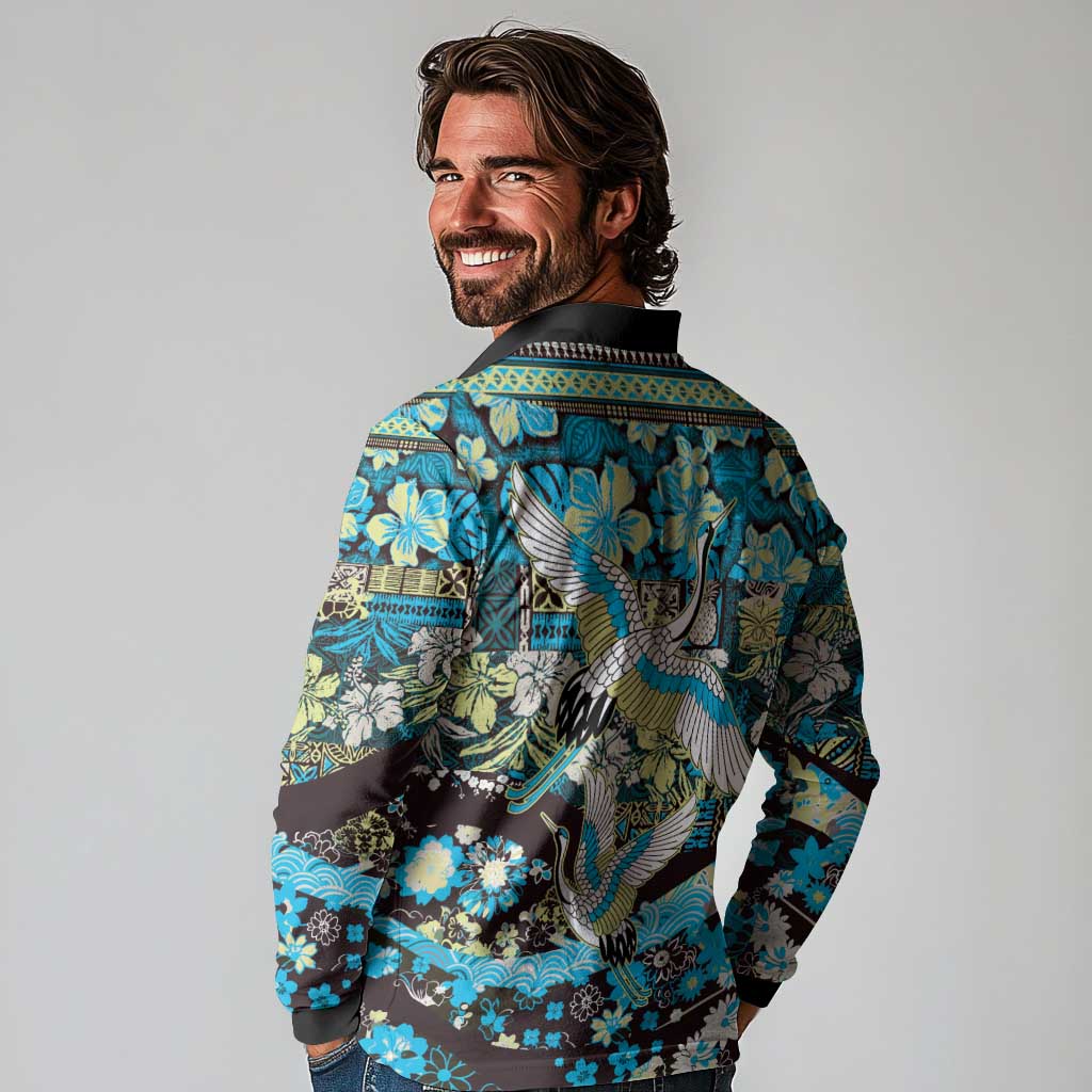 Japanese Hawaiian Crane Long Sleeve Polo Shirt Blue Tapa Patchwork Pattern