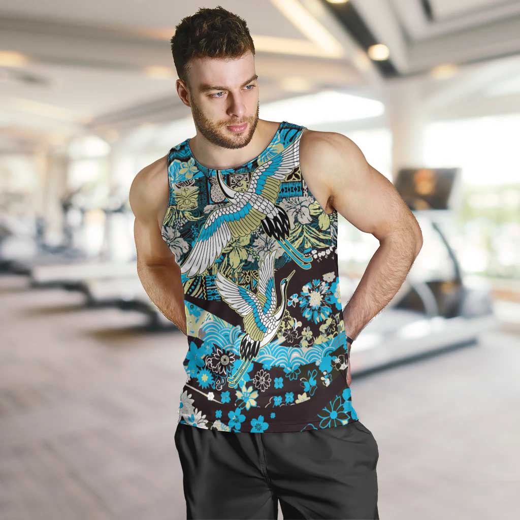 Japanese Hawaiian Crane Men Tank Top Blue Tapa Patchwork Pattern