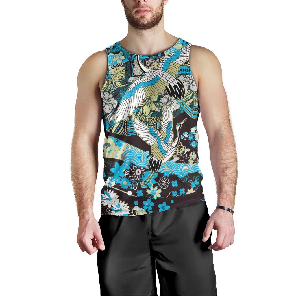 Japanese Hawaiian Crane Men Tank Top Blue Tapa Patchwork Pattern