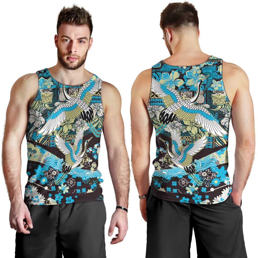 Japanese Hawaiian Crane Men Tank Top Blue Tapa Patchwork Pattern