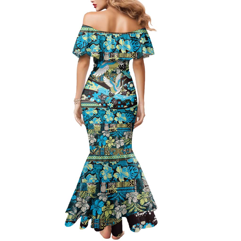 Japanese Hawaiian Crane Mermaid Dress Blue Tapa Patchwork Pattern