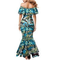 Japanese Hawaiian Crane Mermaid Dress Blue Tapa Patchwork Pattern