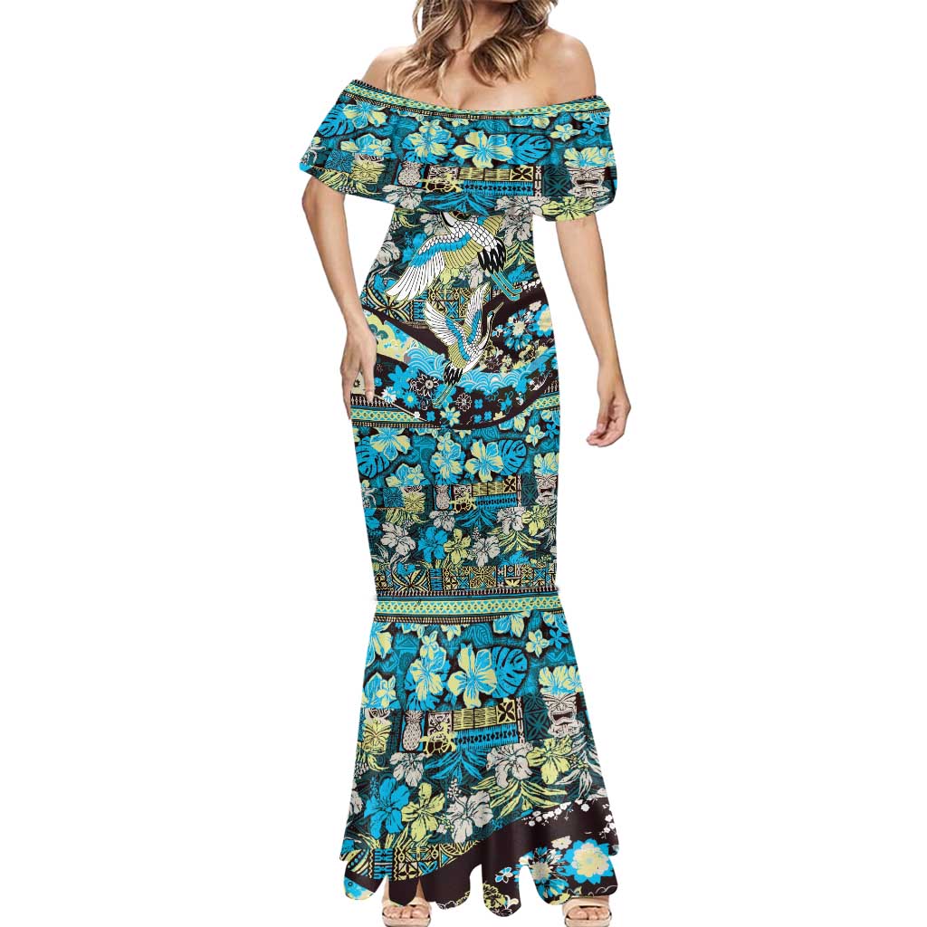 Japanese Hawaiian Crane Mermaid Dress Blue Tapa Patchwork Pattern