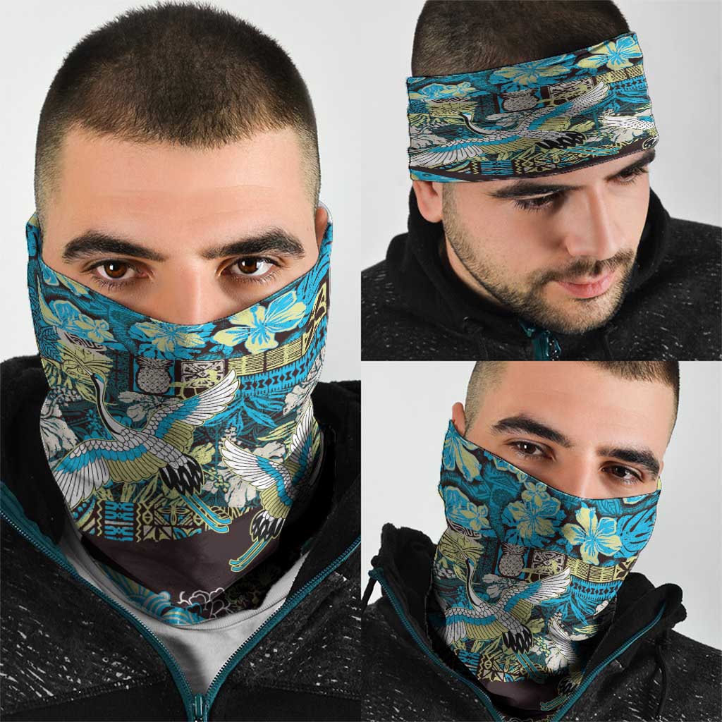 Japanese Hawaiian Crane Neck Gaiter Blue Tapa Patchwork Pattern