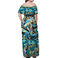Japanese Hawaiian Crane Off Shoulder Maxi Dress Blue Tapa Patchwork Pattern