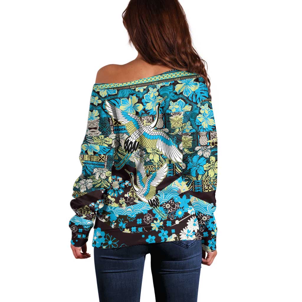 Japanese Hawaiian Crane Off Shoulder Sweater Blue Tapa Patchwork Pattern