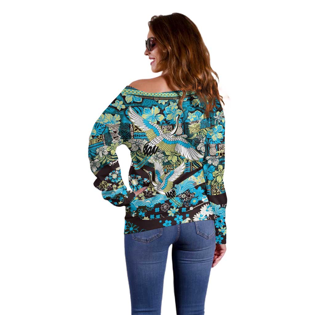 Japanese Hawaiian Crane Off Shoulder Sweater Blue Tapa Patchwork Pattern