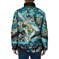 Japanese Hawaiian Crane Padded Jacket Blue Tapa Patchwork Pattern