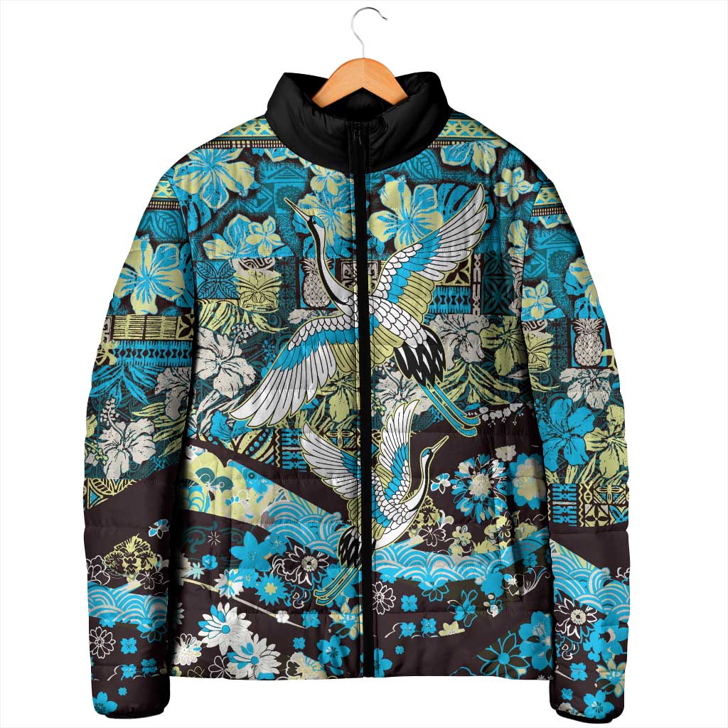 Japanese Hawaiian Crane Padded Jacket Blue Tapa Patchwork Pattern