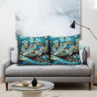 Japanese Hawaiian Crane Pillow Cover Blue Tapa Patchwork Pattern