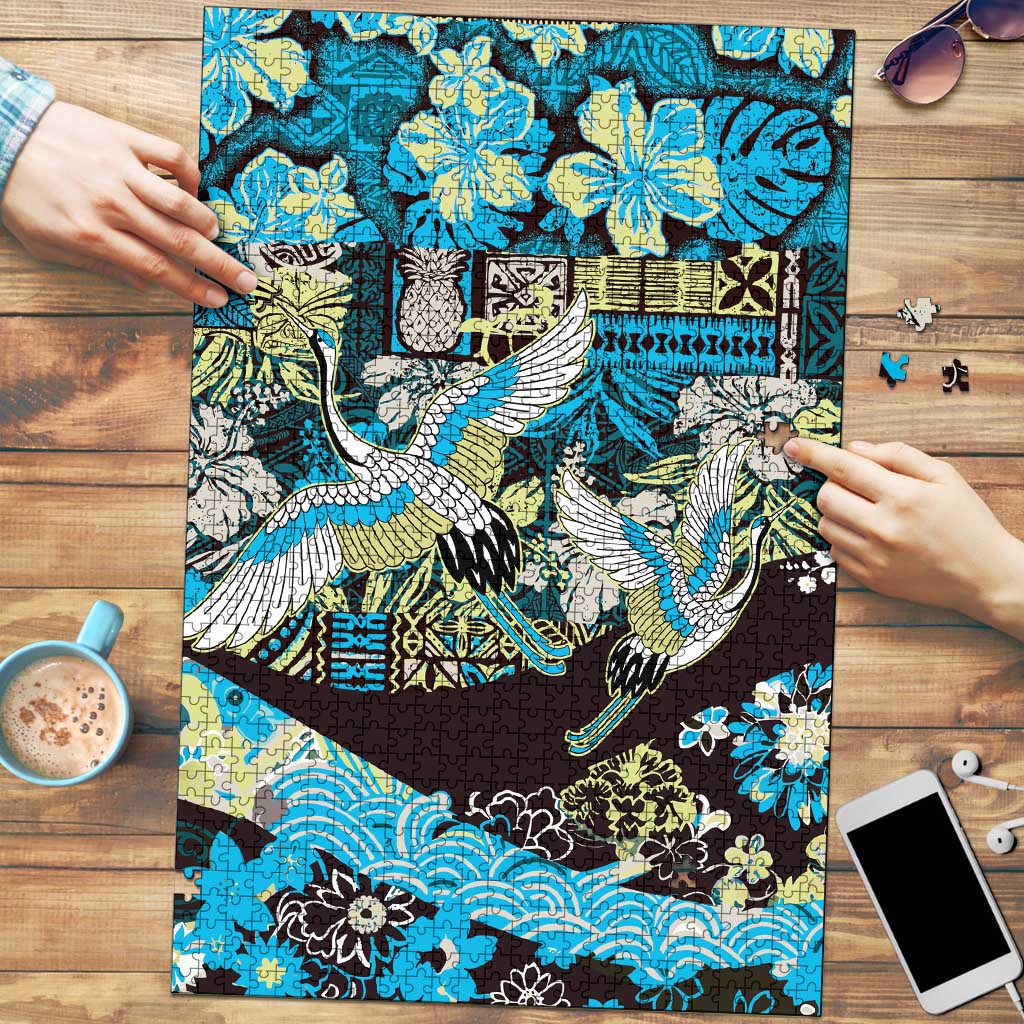 Japanese Hawaiian Crane Puzzle Blue Tapa Patchwork Pattern