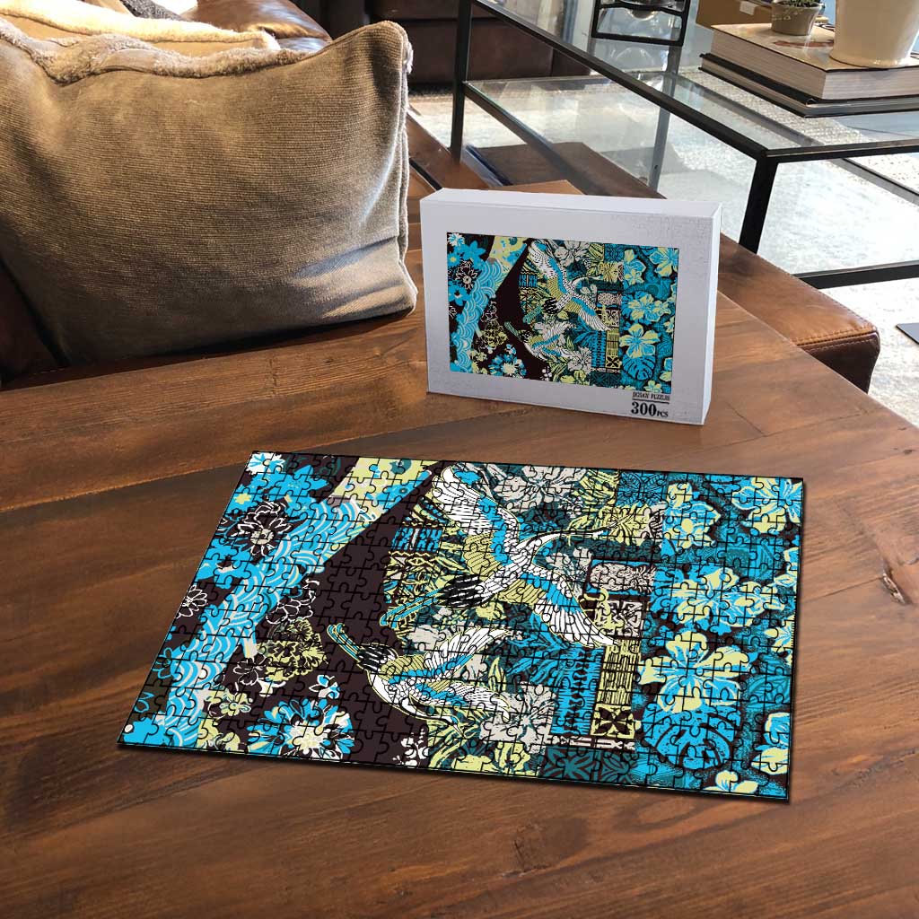 Japanese Hawaiian Crane Puzzle Blue Tapa Patchwork Pattern
