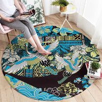 Japanese Hawaiian Crane Round Carpet Blue Tapa Patchwork Pattern