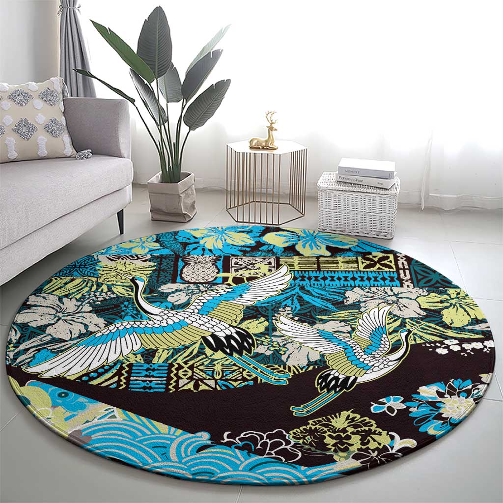 Japanese Hawaiian Crane Round Carpet Blue Tapa Patchwork Pattern